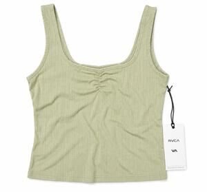 RVCA Slate Ribbed Cropped Tank Top Raw Hem Olive Green Shine Medium NWT